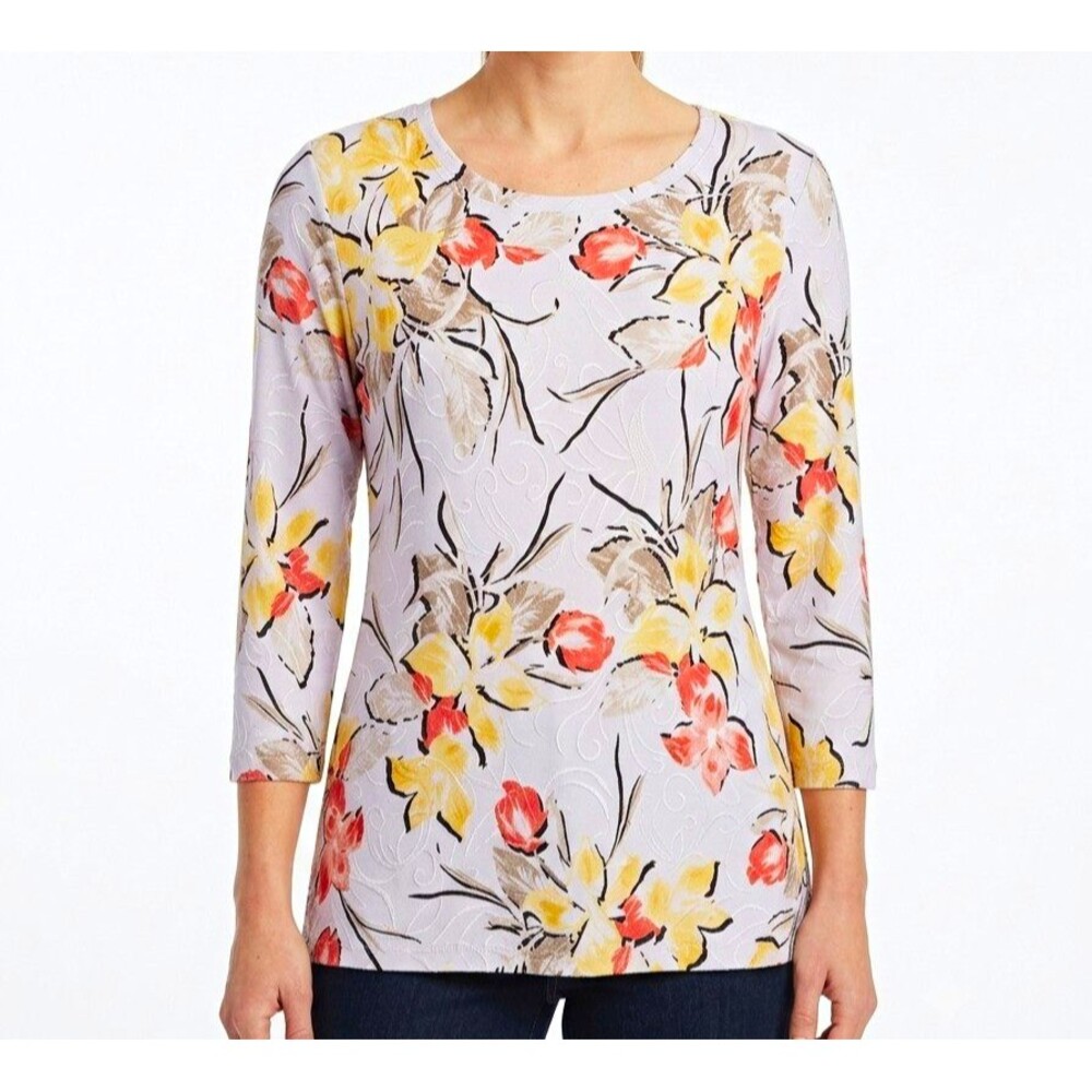 JM Collection Womens Top S Floral Knit 3/4 Slv Round Neck Stretch Pullover boho